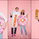 Product shots of a woman wearing a doughnut Halloween costume and a man dressed up as a Dunkin' cup